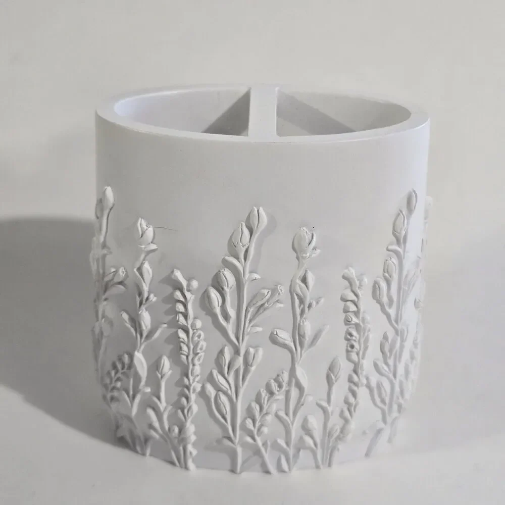 Toothbrush Holder - Ceramic Floral Embossed Bathroom Cup Unglazed - White Matte